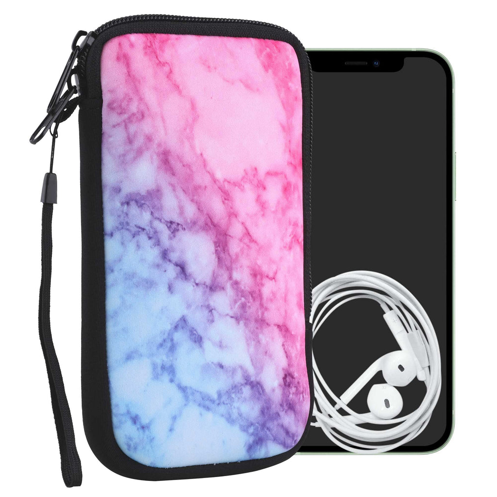 kwmobile Neoprene Sleeve for Smartphone Size XL - 6.7/6.8" - Shock Absorbing Pouch Case - Protective Phone Bag - Marble Light Blue/Violet/Dark Pink Marble 23-38-08