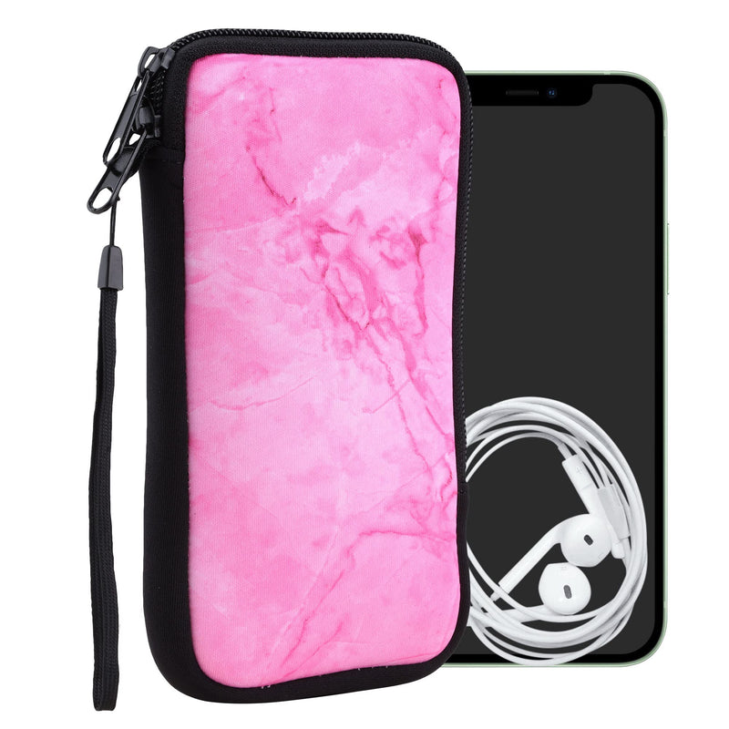 kwmobile Neoprene Sleeve for Smartphone Size XL - 6.7/6.8" - Shock Absorbing Pouch Case - Protective Phone Bag - Marble Dark Pink/Pink Marble 08-33