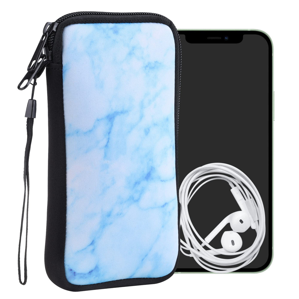 kwmobile Neoprene Sleeve for Smartphone Size XL - 6.7/6.8" - Shock Absorbing Pouch Case - Protective Phone Bag - Marble White/Blue/Light Blue Marble 02-04-23