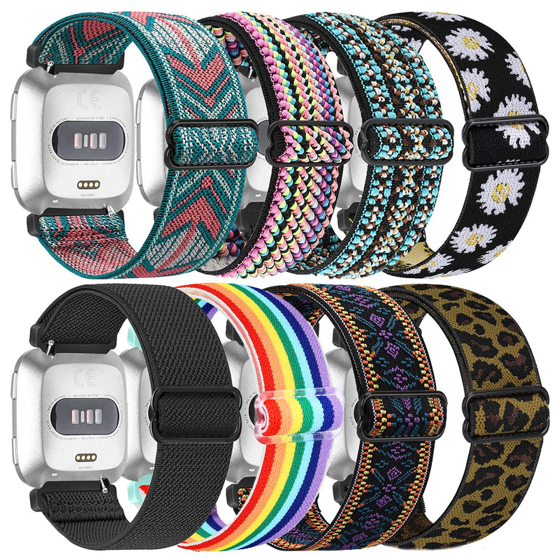 8 Pack Elastic Band Compatible with Fitbit Versa 2 / Versa / Versa Lite / Versa SE Bands for Women Men, Adjustable Stretchy Solo Loop Nylon Fabric Strap Replacement Wristbands 23mm