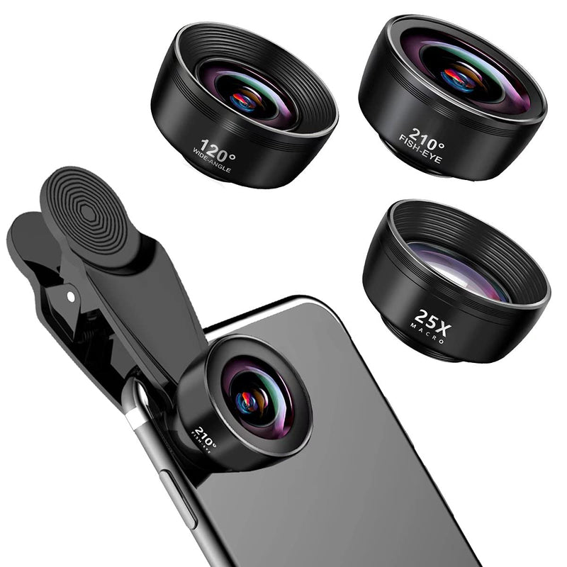 3 in 1 Universal Phone Lens Kit- 210° Fish Eye Lens + 120° Wide-Angle Lens + 25X Macro Lens, Clip Camera Lens Kit for iPad, iPhone 12, 11, Xs, Samsung, Android, and Most Smartphones 3-in-1
