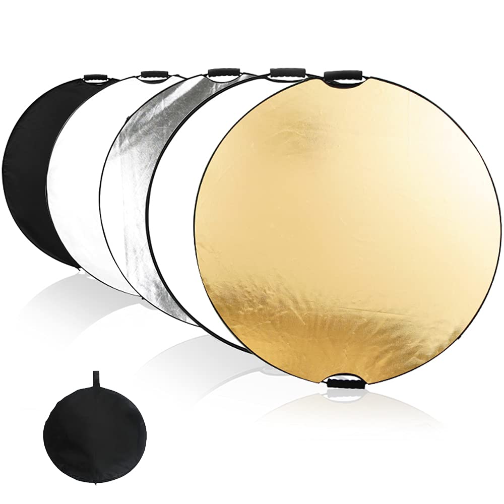 5 in 1 Light Reflector Photography Collapsible Reflector Set with 2 Handles and Carrying Bag Gold Silver White Black and Transparent for Studio Photography Lighting and Outdoor Lighting(23.6in)