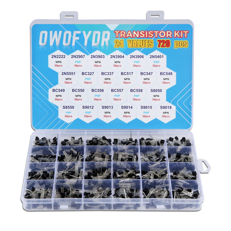 OWOFYDR 24 Values 720 pcs 2N2222 2N2907 2N3903-2N3906 2N5401 2N5551 BC327 BC337 BC517 BC547-BC550 BC556-BC558 S8050 S8550 S9012-S9015 S9018 Power Supply General Transistor NPN PNP Assortment kit 720 piece