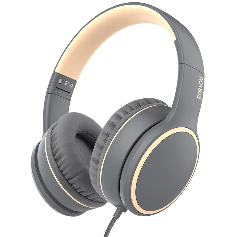 RORSOU R10 On-Ear Headphones with Microphone, Lightweight Folding Stereo Bass Headphones with 1.5M No-Tangle Cord, Portable Wired Headphones for Smartphone Tablet Computer MP3 / 4 (Grey) Grey
