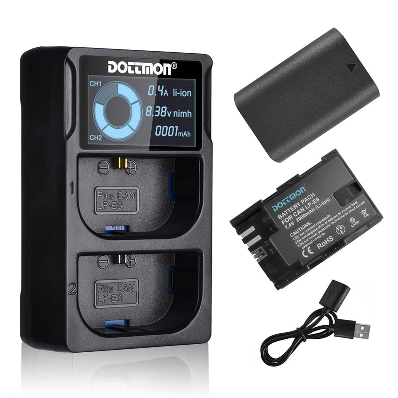 DOTTMON LP-E6/E6N Batteries (2-Pack) for Canon 5D Mark II III IV, 5DS, 5DS R, 6D, 7D, 7D Mark II, 60D, 70D, 80D, 90D Cameras, and Dual-Channel LCD Charger for Canon LP-E6/E6N Batteries