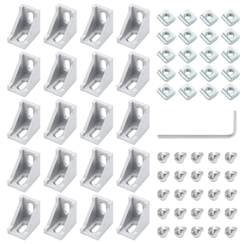 Qjaiune 2028 Aluminum Profile Connector Set, 20Pcs Silver Inside Corner Bracket Gusset with T-Slot Nuts & Screws, L-Shaped Aluminum Extrusion for 2020 Series Aluminum Extrusion Profile with Slot 6mm 2028 Seriess, Bracket with Screw Nut