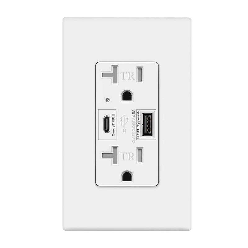 USB C Outlet PD 24W Power Delivery Receptacle 4.8A, Receptacle in-Wall Charger with 20 Amp, 125 Volt Tamper-Resistant Outlet, White Not for laptops (USB c PD 1pack) 1 pack