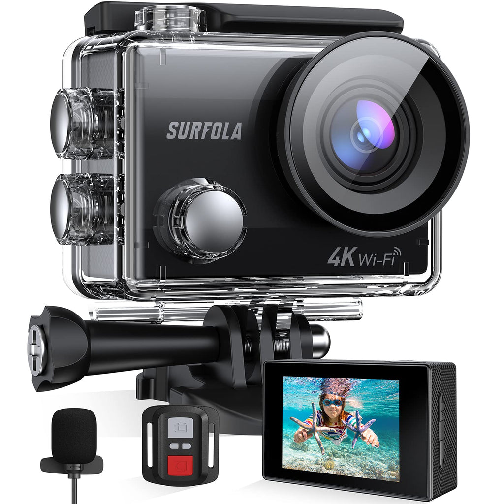 Action Camera, 4K/30FPS 20MP WiFi, Anti-Shake EIS Waterproof Camera Underwater 131ft, Remote Control External Microphone with 2 Batteries and Helmet Accessories Kit, Surfola SF230