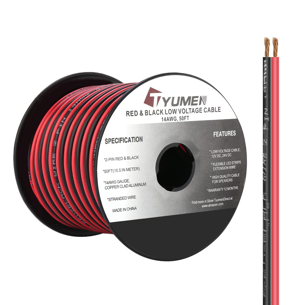 TYUMEN 50FT 14/2 Gauge Red Black Cable Hookup Electrical Wire LED Strips Extension Wire 12V/24V DC Cable, 14AWG Flexible Wire Extension Cord for LED Ribbon Lamp Tape Lighting