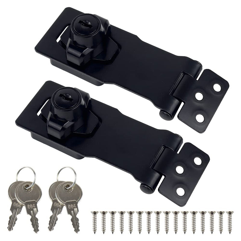2PCS 4 Inch Keyed Hasp Lock Twist Knob Keyed Locking Hasp with 2 Keys and Mounting Screws for Small Doors Matte, Trunks, Cabinet Knob Lock(Black, Each 2 Keys)
