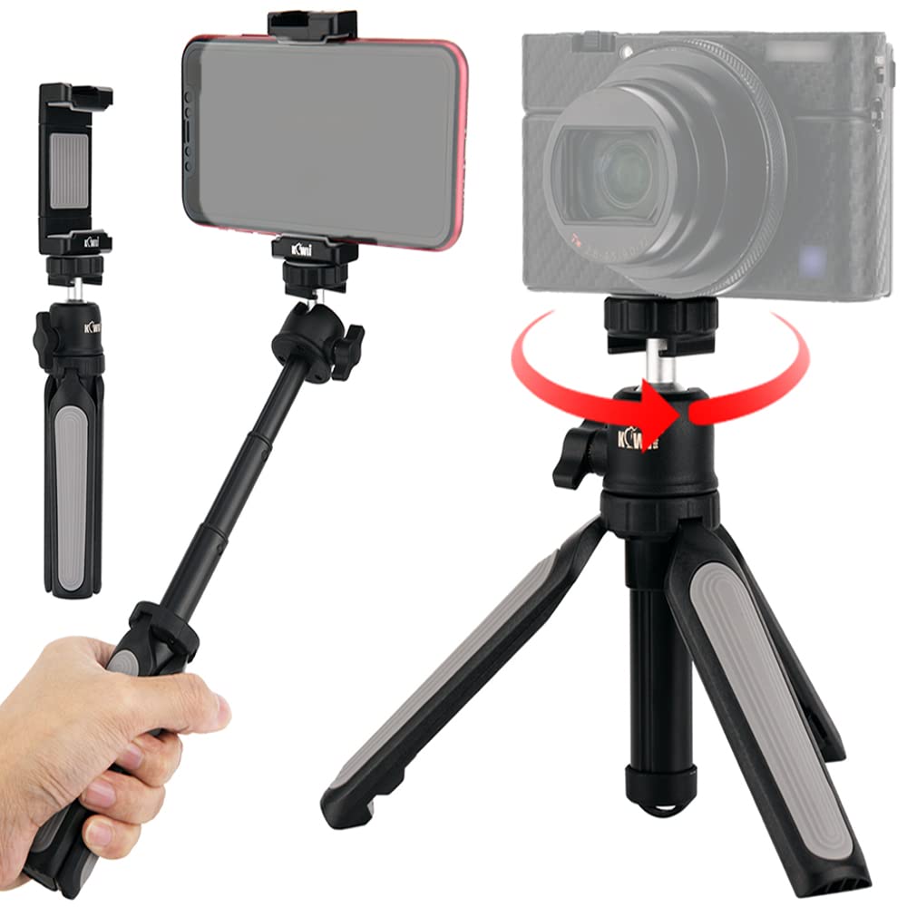 KIWIFOTOS Mini Tripod Stand + Cell Phone Clip, Selfie Stick Handle Grip for Sony ZV-E10 ZV-1 ZV1 RX100VII RX100VA A6400 A6600 Compact Cameras Vlogging iPhone Samsung Webcam Samrt Phone Accessories Mini Tripod + Phone Clip