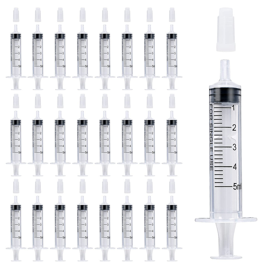 24 Pack 5ml Plastic Syringes, Individually Sealed with Measurement & Cap for Feeding Pets, Liquid, Lip Gloss, Paint, Epoxy Resin, Oil, Watering Plants, Refilling