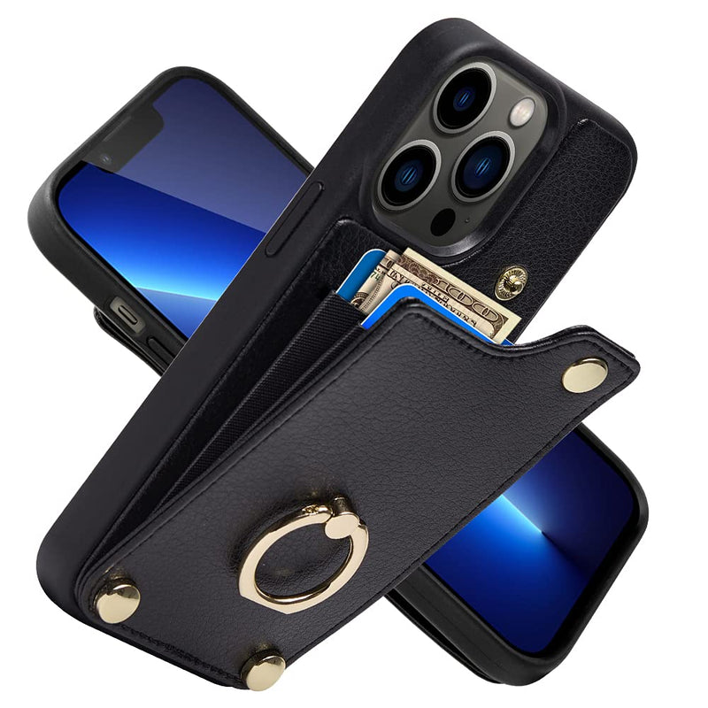 [AUSTRALIA] - LAMEEKU Compatible with iPhone 13 Pro Case Wallet 6.1'', Leather Case with Card Holder, RFID Blocking, 360°Rotation Ring Kickstand, Snap Button Protective Case Designed for Apple iPhone 13 Pro Black 