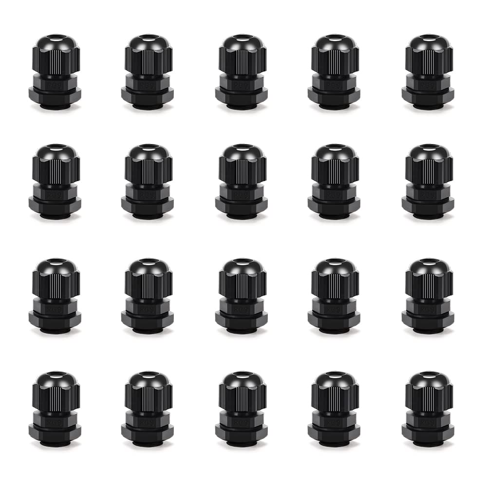 CGELE Cable Gland 20 Pack Plastic Waterproof Adjustable Connector 4-8mm PG9 Strain Relief Cord Connectors Joints Nylon with Gaskets PG9(20-pack)