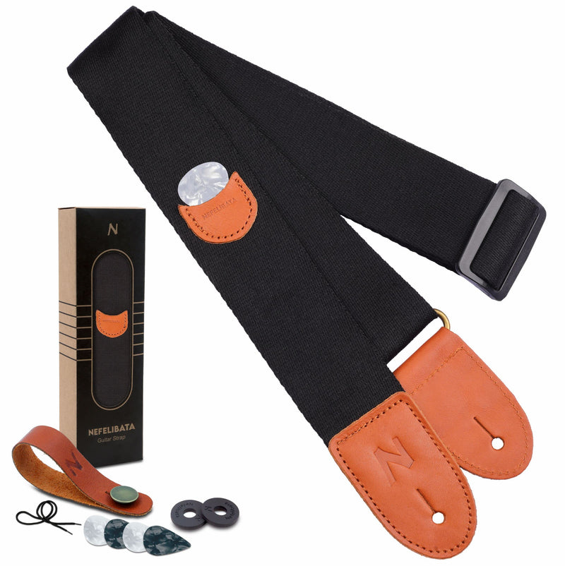 [AUSTRALIA] - Guitar Strap, 100% Cotton Full Grain Leather Ends Guitar Straps with Pick Pocket for Bass, Electric & Acoustic Guitar, Come with Free Strap Button, 1 Pair Strap Locks and 4 Guitar Picks (Black) A# - Black 