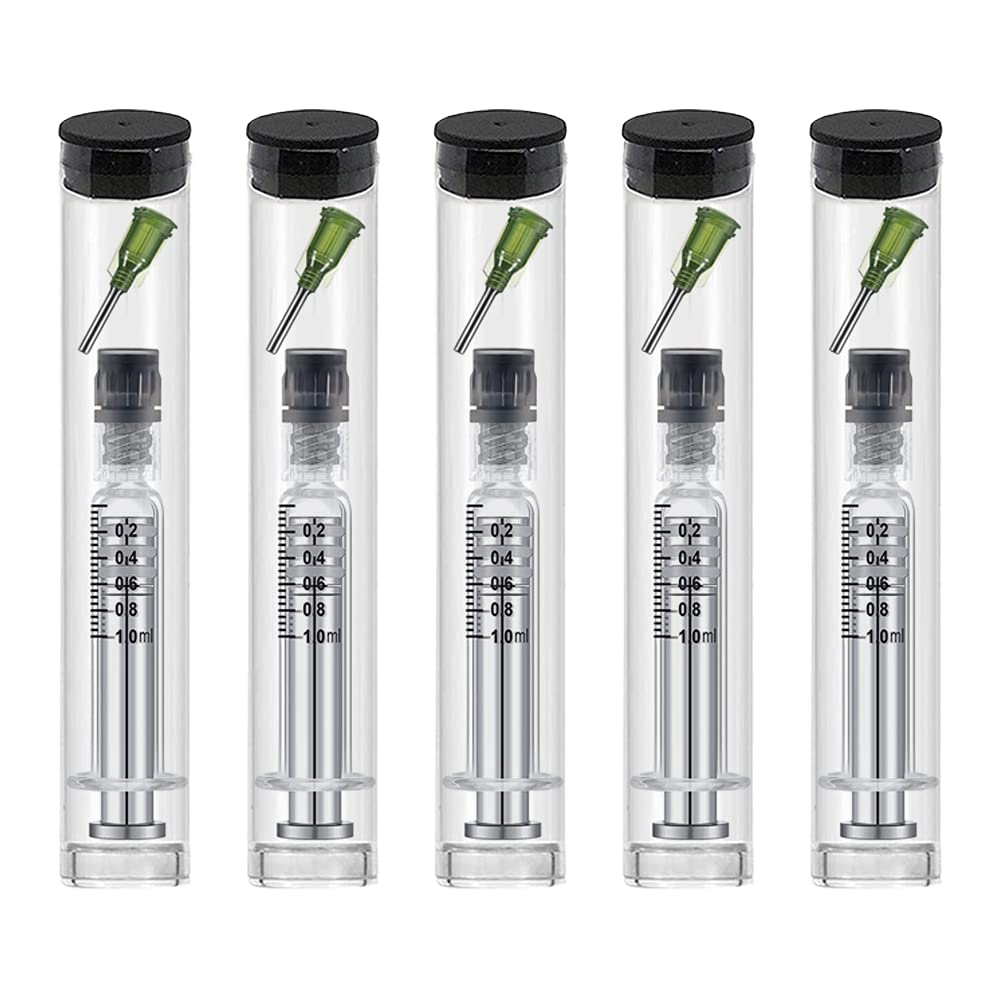 1ml Reusable Glass Syringe-Luer lock metal Plunger & 14 Gauge-1/2" blunt tips needles metal liquid syringe with plastic tubes 5 Pack