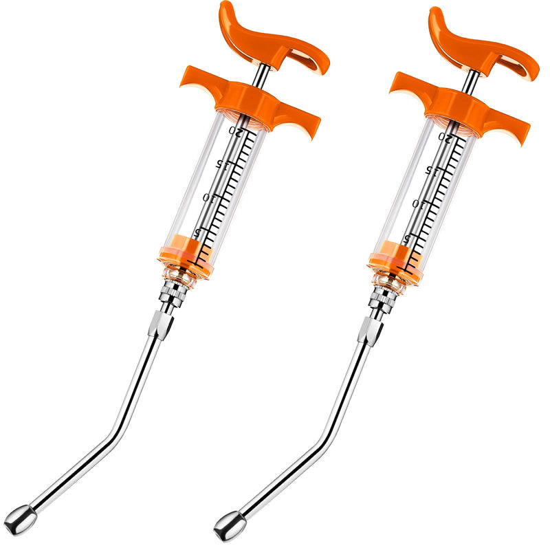 2 Pieces Syringe with 2 Drench Nozzle Adjustable Dosage Reusable Drench Gun Syringe for Sheep, Goats (Orange,20 ml)