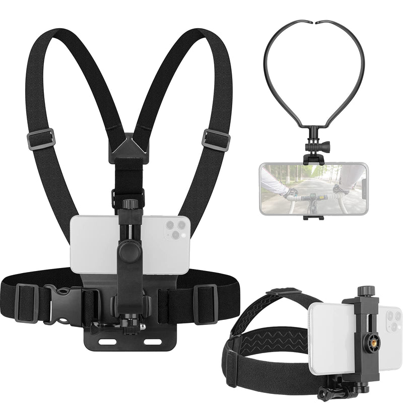 Phone Strap Mount Set,ChromLives Phone Chest Strap Mount +Phone Head Mount +Phone Neck Holder,3 in 1 Hands Free Phone Holder for Neck Head Chest Compatible with iPhone,Gopro Hero and More black