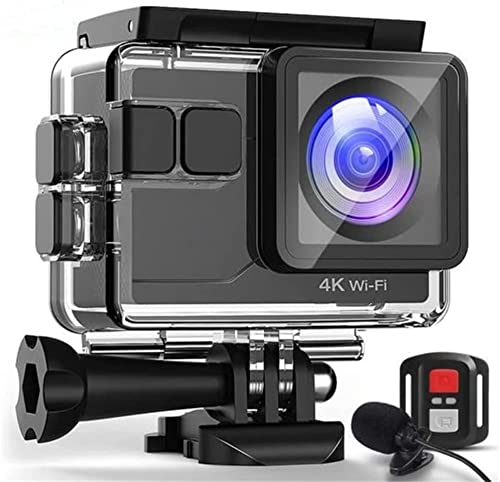 Action Cam, 4K 20MP Sports Action Camera with WiFi and Remote Control-Camera with Waterproof Case & Wearable Microphone & EIS, 170° Wide Angle Shooting with Bicycle Accessories