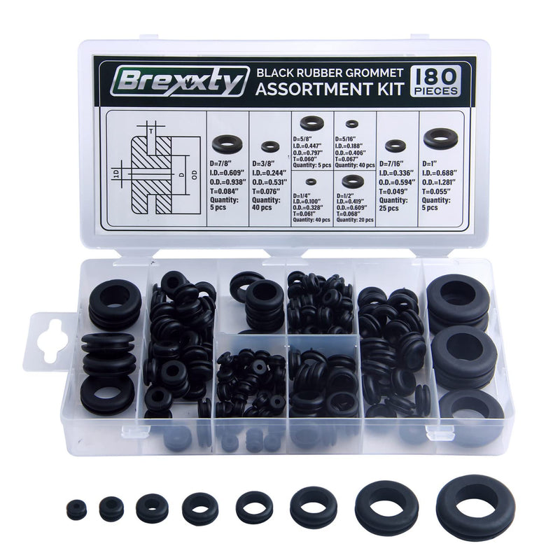 [AUSTRALIA] - Brexxty Pack of 180 Rubber Grommet Kit in 8 Sizes – Rubber Wire Grommets with Compact Assortment Box for Wiring, Plumbing, Hardware Repair, and Automotive 
