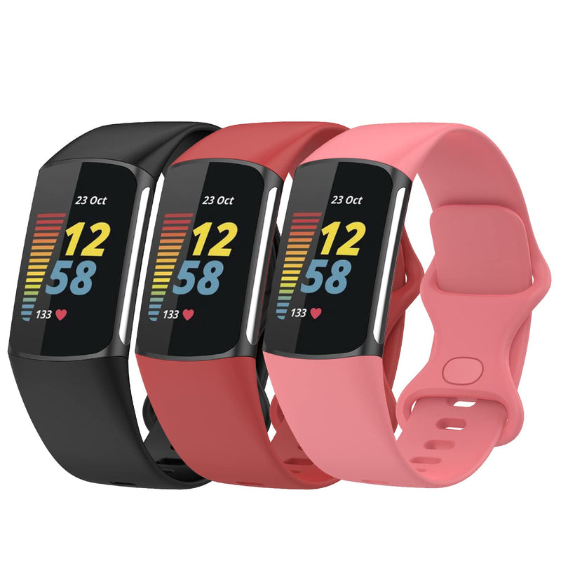 3PCS Sport Bands Compatible with Fitbit Charge 5 Smartwatch Accessory,Soft Silicone Watch Strap Wristbands Bracelet Replacement for Charge5 Women Men,Black/Red/Rose red,Small Small Black/Red/Rose red