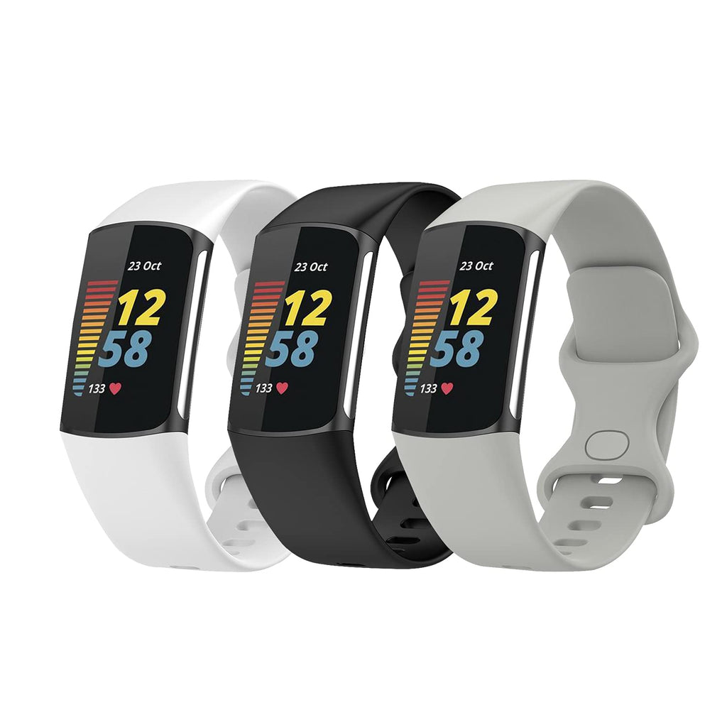 Soft TPU Silicone Bands for Fitbit Charge 5 Advanced Fitness & Health Tracker Accessories Small/Large Sports Watchbands (L(7.1"-9.1"), (White Gray Black))