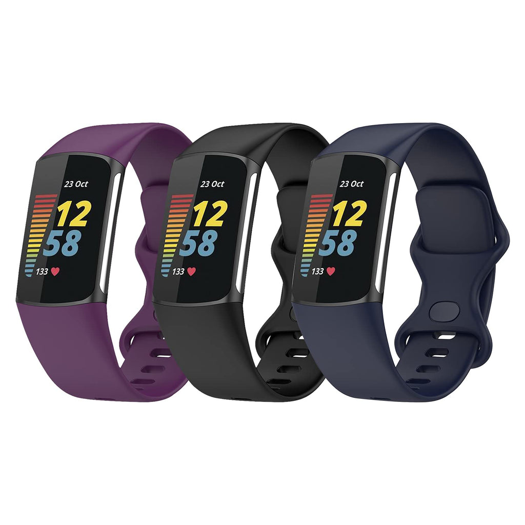 Soft TPU Silicone Bands for Fitbit Charge 5 Advanced Fitness & Health Tracker Accessories Small/Large Sports Watchbands (S(5.5"-7.8"), (Purple Dark Blue Black))