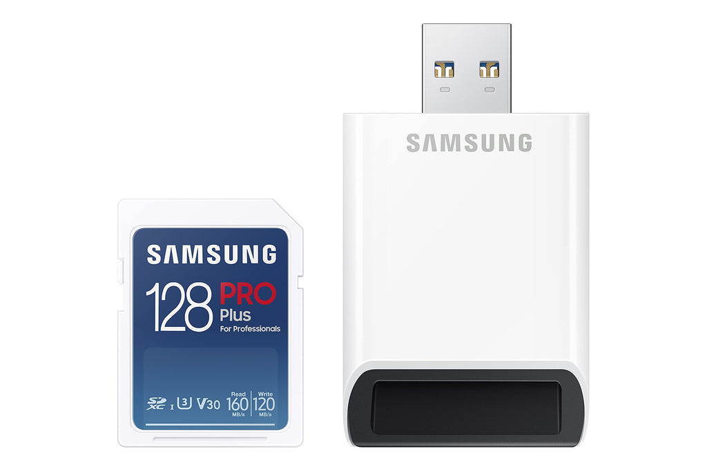 SAMSUNG PRO Plus SD Full Size SDXC Card Plus Reader 128GB, (MB-SD128KB/AM, 2021) Full Size SD PRO PLUS with USB READER Read/Write 160/120 MB/s