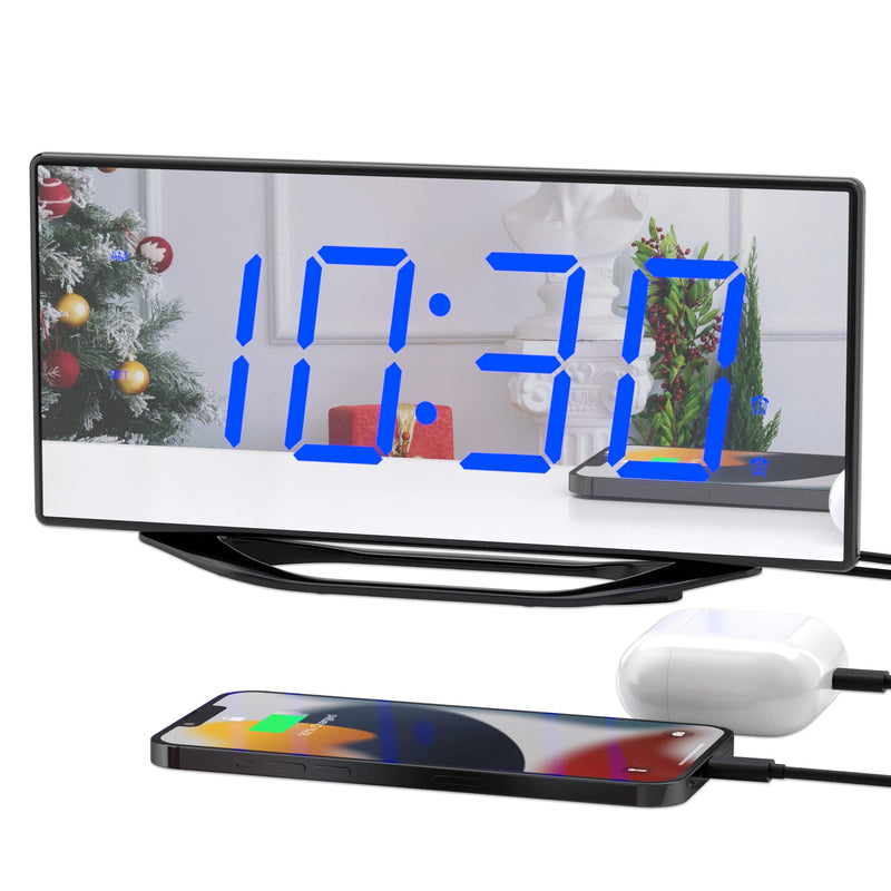 Digital Dual Alarm Clock with 2 USB Chargers for Heavy Sleepers Adults, 8.7" Large LED Display, Extra Loud Mirror Clock with Battery Backup, Easy to Set, Dimmable, Decent Alarm Clock for Bedrooms Kids Blue Digit