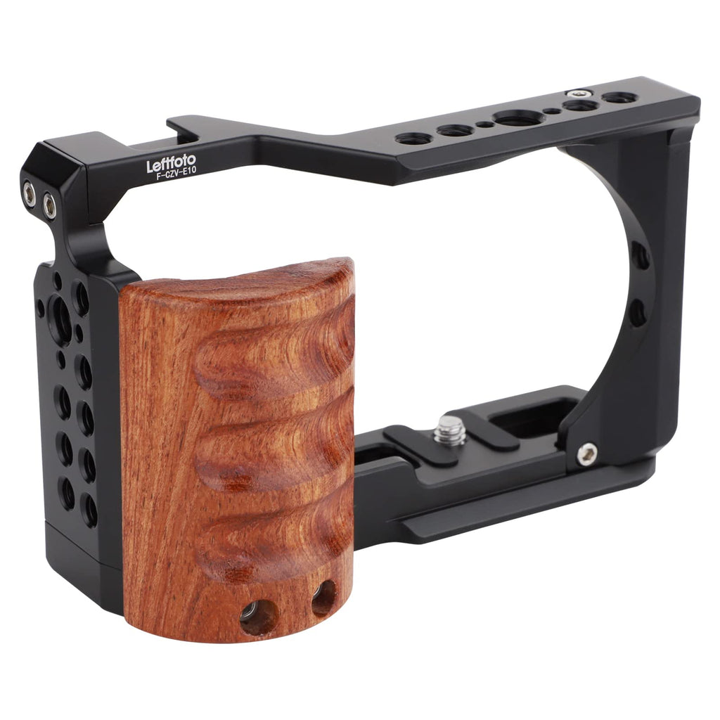 Leftfoto Upgrade Metal Cage with Wood Handle for Sony Alpha ZV-E10 Video Shooting Accessories, Cold Shoe Mic/Light Extension Video Cage Filming Vlog Camera Kit