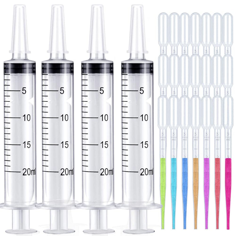 Large Syringe for Lip Gloss, 4-Pack 20ml Syringes and Pipettes for lipgloss Base Tubes Supplies Liquid Oral Medicine Injection Feeding Syringes without Needle, with 20 Pc Extension Pipette Dropper 20ml Syingres+ Pipettes 24.0