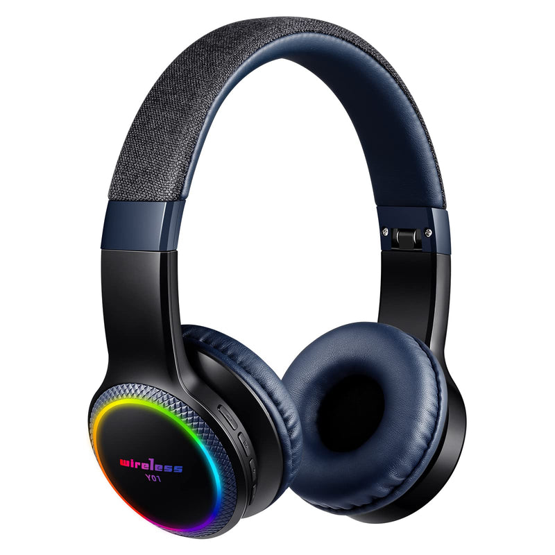 Kids Blutooth Headphones with mic, Colorful LED Lights, Stereo Sound, Bluetooth5.0, Foldable On-Ear Children Wireless/Wired Headphones Fit for Kids Teens Adults (Black&Blue) Blue