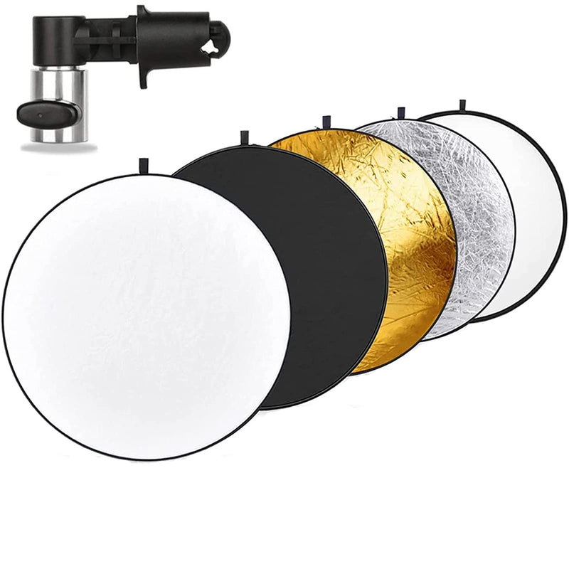 Photography Reflector with Clip 48 Inch 5 in 1 Photo Light Collapsible Diffuser with Bag & Reflector Holder for Studio Photography Outdoor Lighting Translucent Silver Gold White Black 43inch/110cm