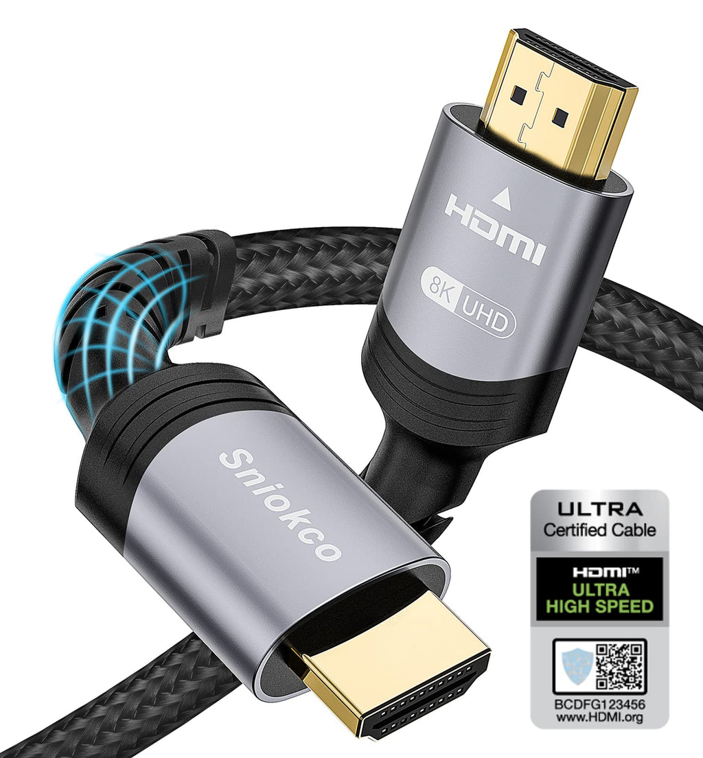 8K HDMI 2.1 Cable 16FT, Sniokco Certified 48Gbps Ultra High Speed Braided HDMI Cable 5M, Support Dynamic HDR, eARC, Dolby Atmos, 8K60Hz, 4K120Hz, HDCP 2.2 2.3, Compatible with HD TV Monitor More 16 feet Grey
