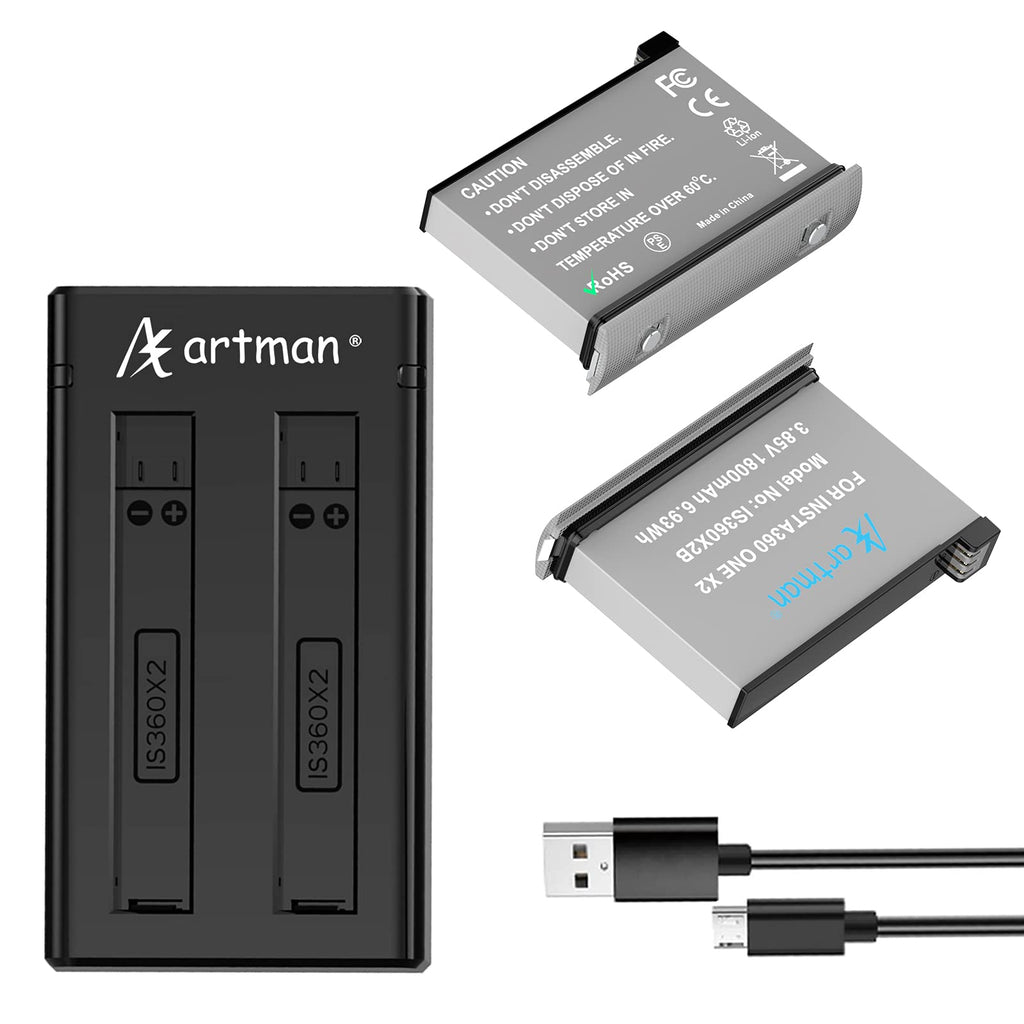 Artman Insta 360 ONE X2 Battery 2-Pack and Dual Mircro USB Charger Kit Compatible with Insta360 ONE X2 Action Camera, Insta 360 One X Accessories (Non-Waterproof)