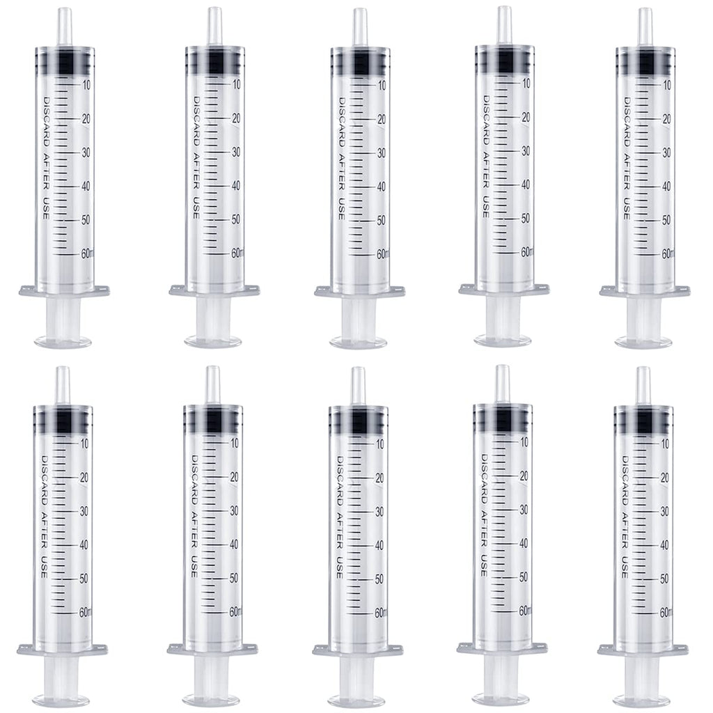 10 Pack 60ml Syringe Individually Sealed Large Plastic Syringe with Measurement for Scientific Labs, Measuring, Feeding Pets, Watering Plants, Medical Student, Oil or Glue Applicator (No Needle)