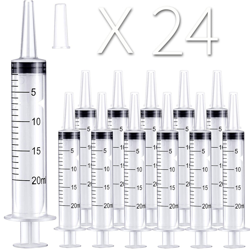 24 Pack 20ml/cc Plastic Syringes Large Syringe for Liquid, with Tip Cap & Individually Wrapped, for Oral, Scientific Labs, Measuring, Watering, refilling, Pets, Medical Student, Food, Oil or Glue Applicator 20 ml