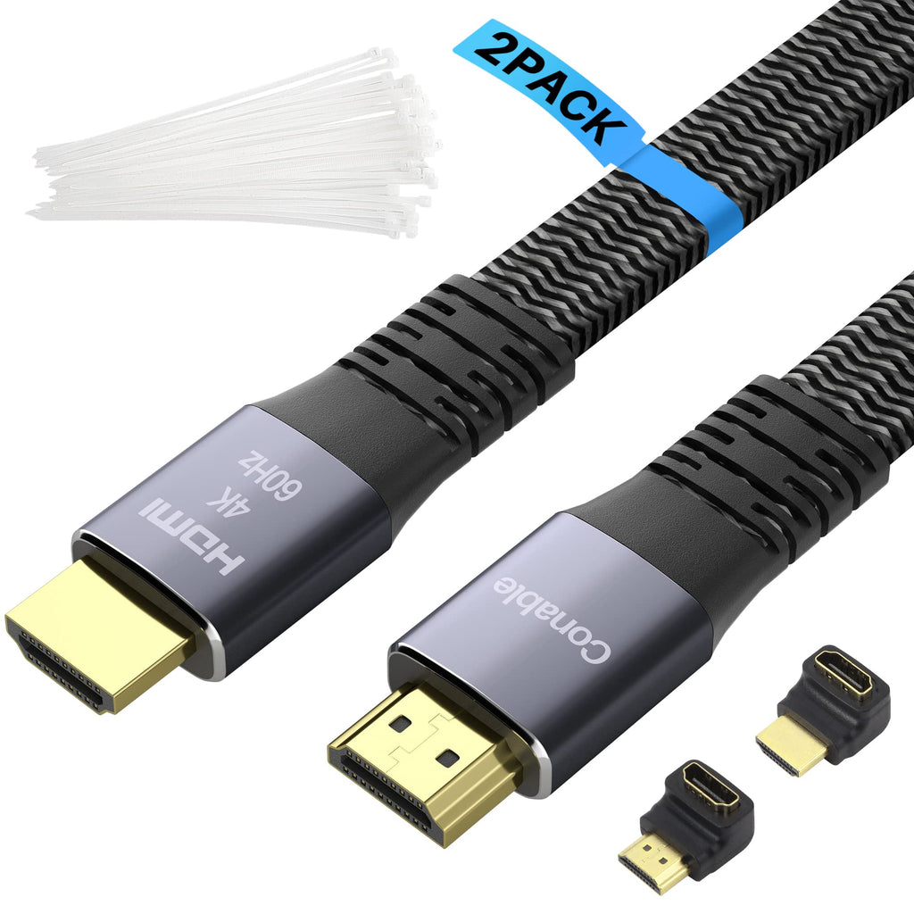 Flat HDMI Cable 10 Feet (2 Pack), 18Gbps 4K 2.0 High Speed Braided Cord (2ft to 50ft), Pure Copper, 3D 4K@60Hz 2160p 1080p HDR HDCP 2.2 ARC Bundled with 50 Cable Ties and 2 HDMI Adapter - 10 ft 10 Feet (2 Pack)