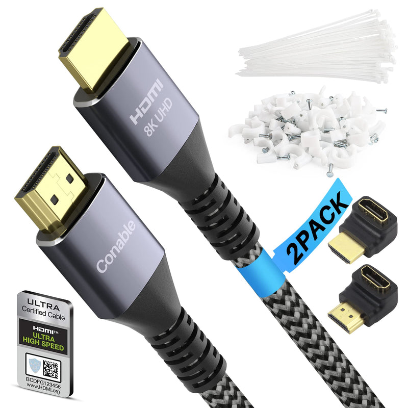 8K HDMI 2.1 Certified Cable 2 Feet (2 Pack) 48Gbps High Speed Ultra HD Braided Cord (2ft to 30ft) 8K@60Hz 4K@120Hz eARC HDR HDCP 2.2 2.3 with 50 Ties, 50 U Nails and 2 HDMI Adapter - 2 ft (0.61 M) 2 Feet (2 Pack)