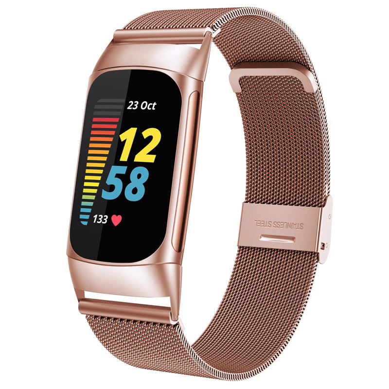 NotoCity Bands for Fitbit Charge 5, Woven Stainless Steel Metal Mesh Accessories Wristband Replacement Strap for Fitbit Charge 5 rose gold