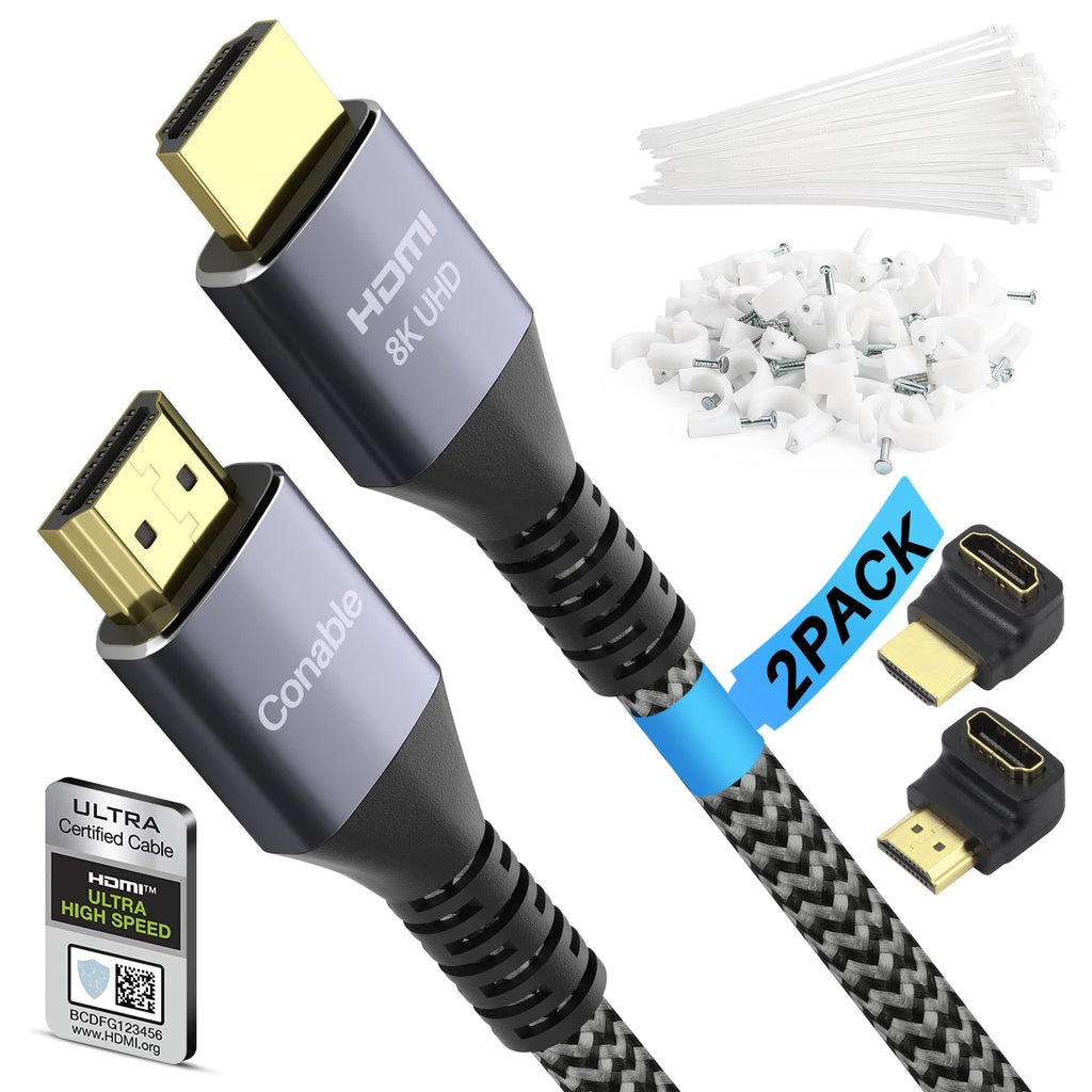 8K HDMI 2.1 Certified Cable 6.5 Feet (2 Pack) 48Gbps High Speed Ultra HD Braided Cord (2ft to 30ft) 8K@60Hz 4K@120Hz eARC HDR HDCP 2.2 2.3 with 50 Ties, 50 U Nails and 2 HDMI Adapter - 6.5 ft (2.01 M) 6.5 Feet (2 Pack)