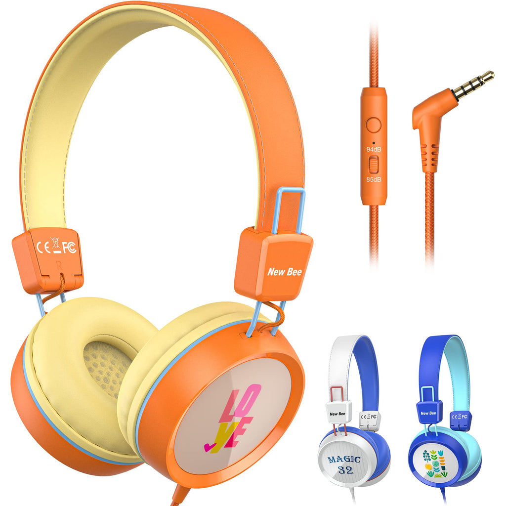Kids Headphones for School with Microphone New bee KH20 HD Stereo Safe Volume Limited 85dB/94dB Foldable Lightweight On-Ear Headphone for PC/Mac/Android/Kindle/Tablet/Pad (Orange) Orange