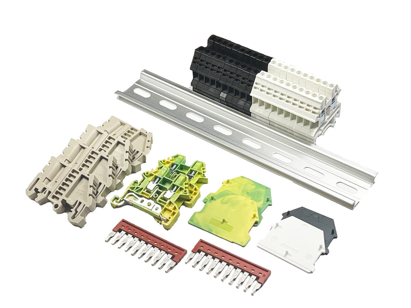 Dinkle UL Listed DIN Rail Terminal Block Kit #1 White/Black Dinkle 20 DK2.5N 12 AWG Gauge 20A 600V Ground DK2.5N-PE Jumper DSS2.5N-10P End Covers End Brackets