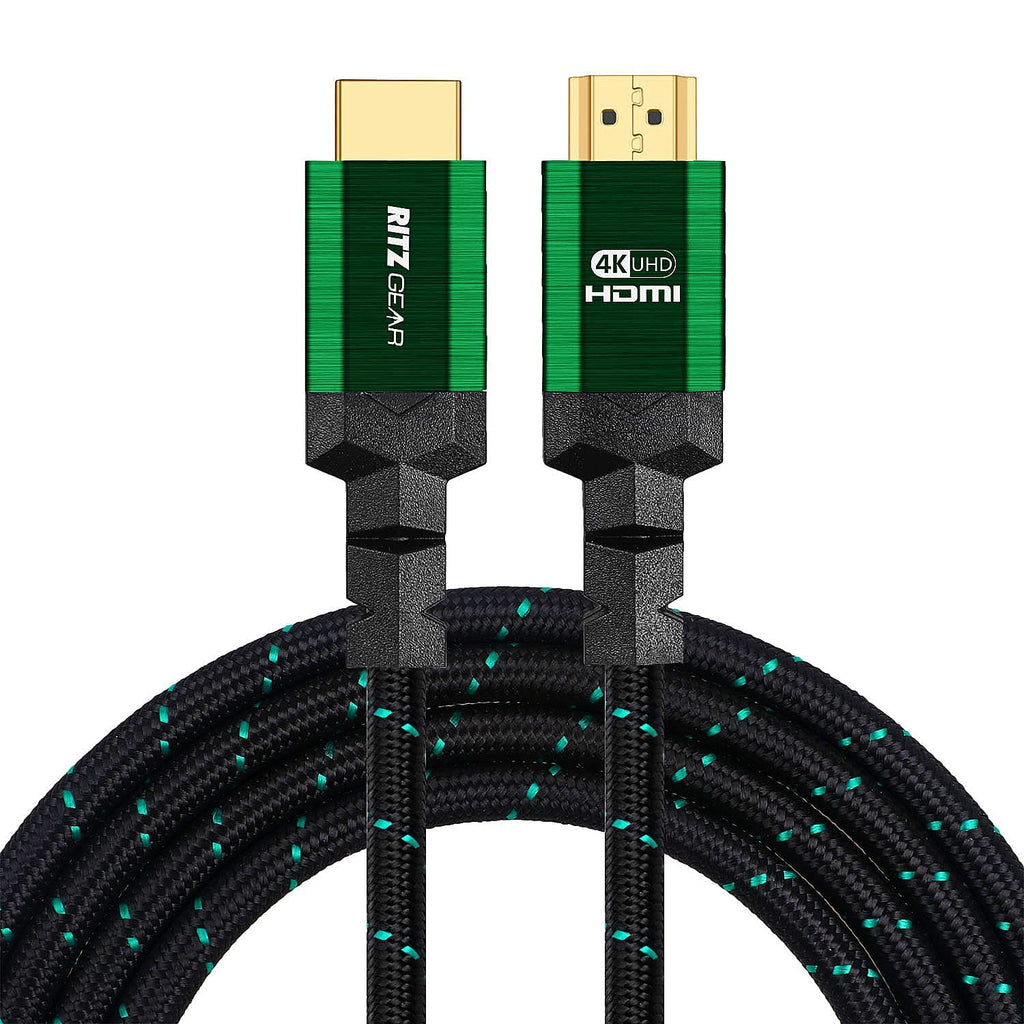 4K HDMI Cable 10 ft [3-Pack] - Green - Braided Nylon Cord & 24K Gold Plated Connectors, Ritz Gear High Speed HDMI 2.0 with Ethernet 3-Pack Green Braided