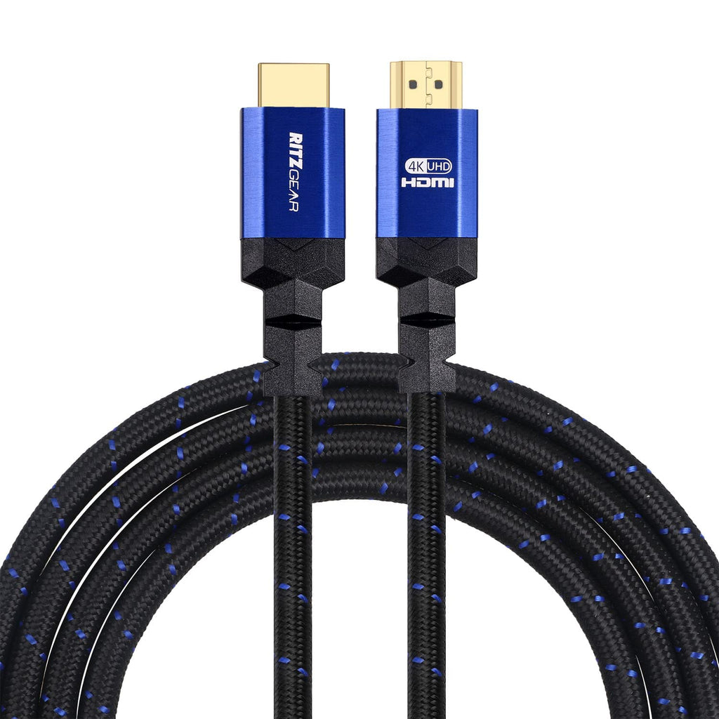 4K HDMI Cable 10 ft [3-Pack] - Blue - Braided Nylon Cord & 24K Gold Plated Connectors, Ritz Gear High Speed HDMI 2.0 with Ethernet 3-Pack Blue Braided
