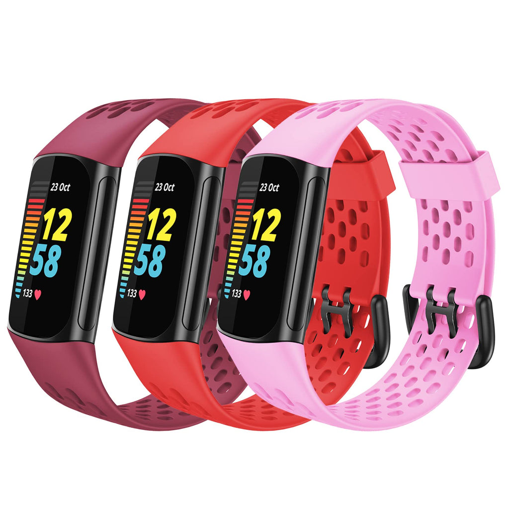 Sport Bands Compatible with Fitbit Charge 5 Smartwatch Accessory,Air Hole Breathable Soft Silicone Watch Strap Wristbands Bracelet Replacement for Charge 5 Women Men Wine red/Red/Pink