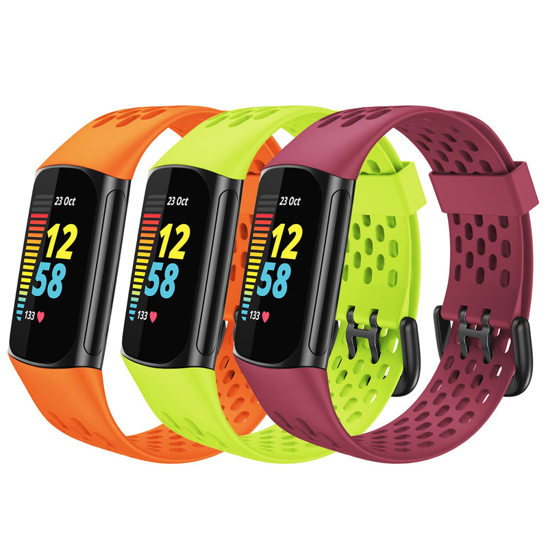 Sport Bands Compatible with Fitbit Charge 5 Smartwatch Accessory,Air Hole Breathable Soft Silicone Watch Strap Wristbands Bracelet Replacement for Charge 5 Women Men Orange/Green/Wine red