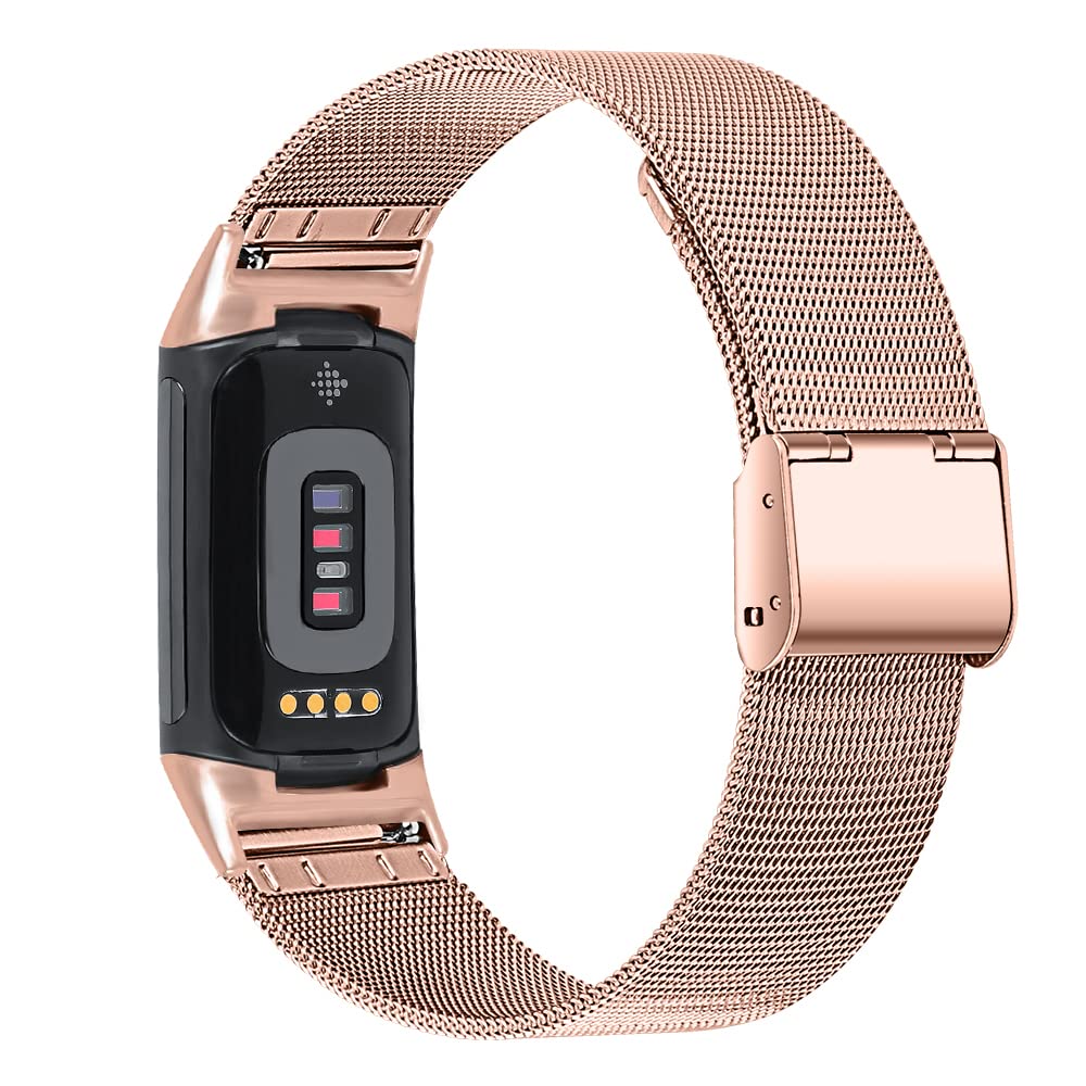 Chofit Metal Watch Bands Compatible for Fitbit Charge 5,Adjustable Stainless Steel Mesh Strap Wristband for Fitbit Charge 5 Women Men (Rose Gold) Rose Gold