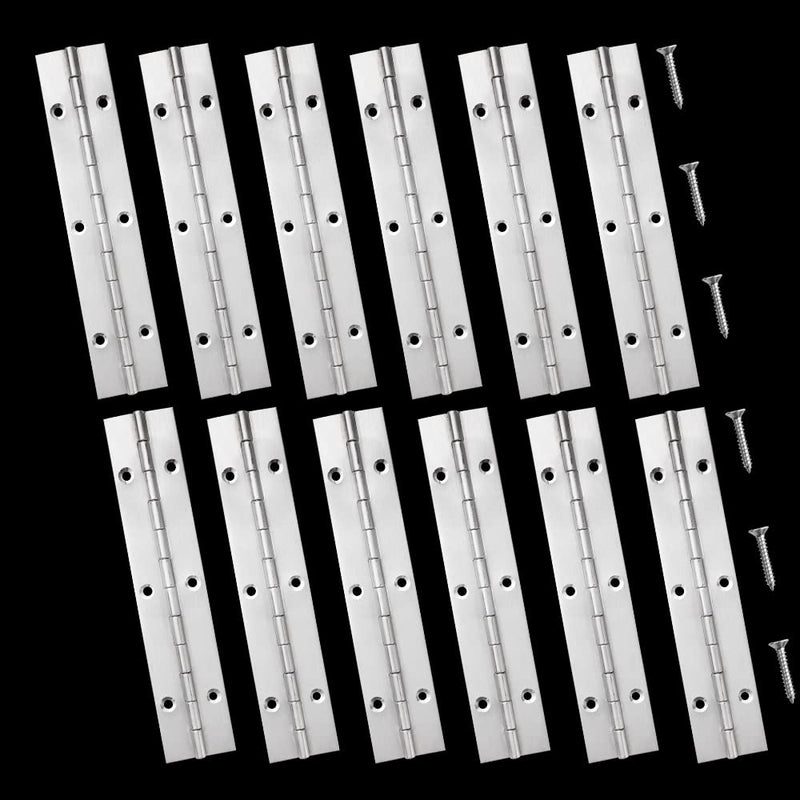 FVSEC 12 Pack 6 Inch Piano Hinge, Heavy Duty Continuous Hinge with Holes for Cabinets Boat Marine Door, 304 Stainless Steel 0.04" Leaf Thickness 1.2'' Open Width Silver