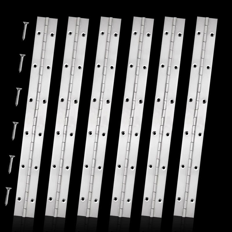 FVSEC 6 Pack 12 Inch Piano Hinge, Heavy Duty Continuous Hinge with Holes for Cabinets Boat Marine Door, 304 Stainless Steel 0.04" Leaf Thickness 1.2'' Open Width Silver